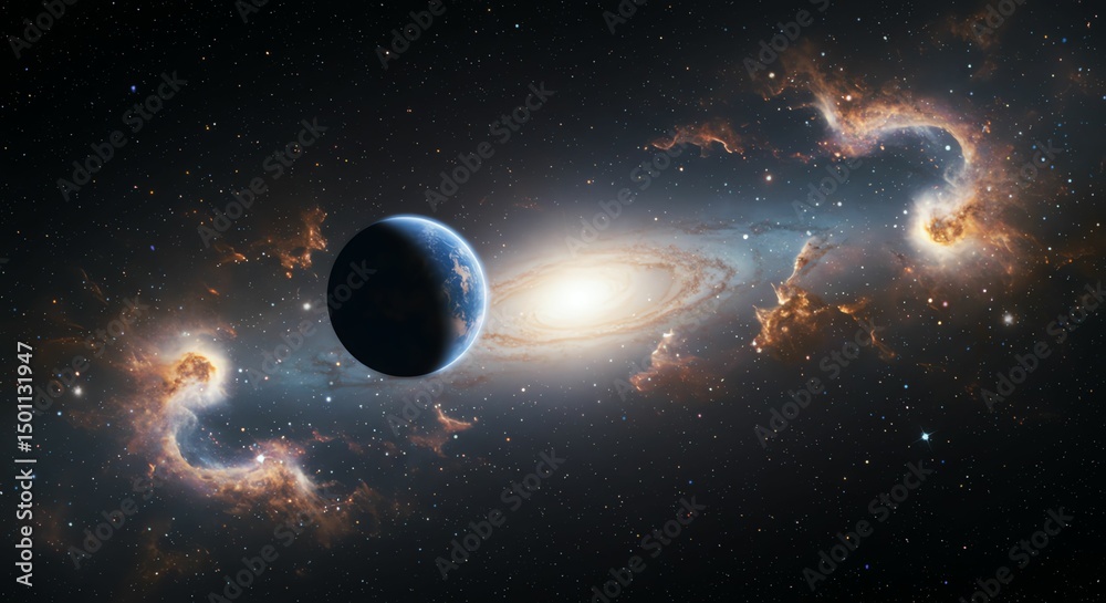 Planet and Galaxy in Space with Nebulae Planet and Galaxy in Space with Nebulae