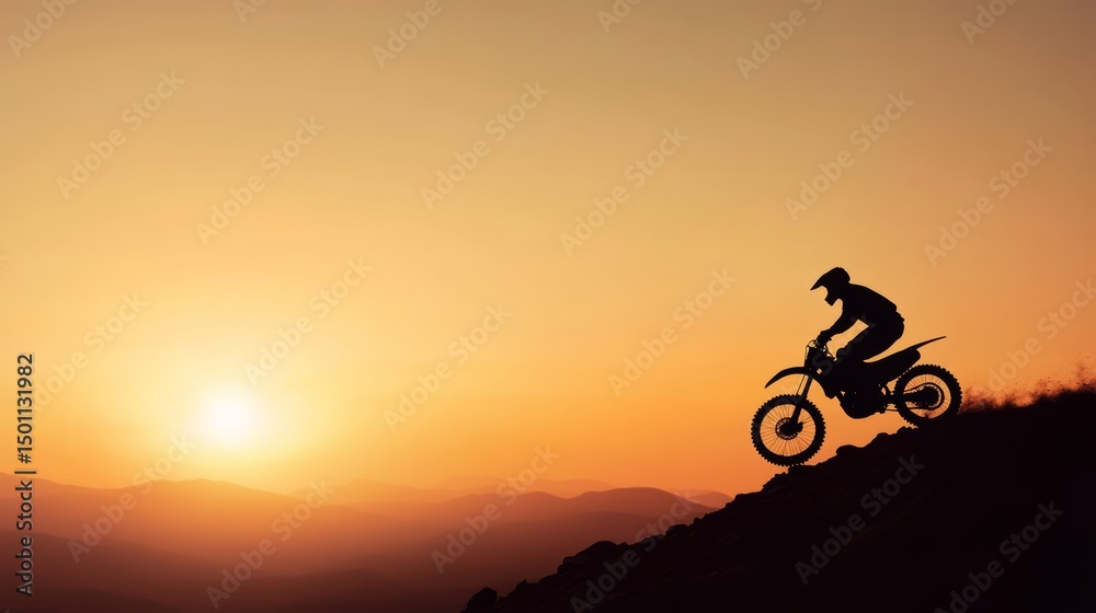 Fototapeta premium Off-road rider descending rocky hill during evening twilight