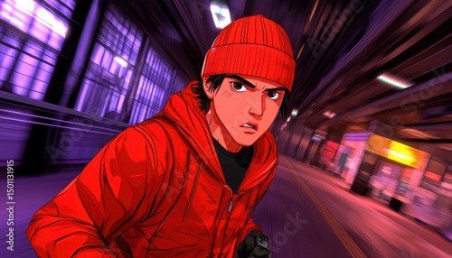 Young Man in Red Hat and Jacket Under Fluorescent Lights in an Urban