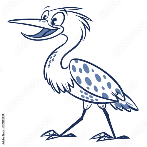 A comical cartoon heron with blue spots is depicted walking and smiling happily