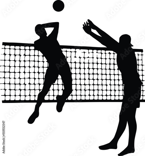 Volleyball Game Silhouette: Dynamic graphic of two volleyball players silhouetted mid-game. One leaps for a spike, while the other reaches to block at the net.