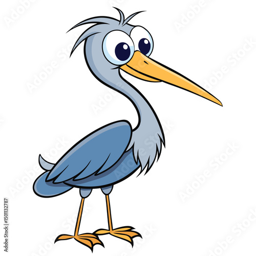 Cartoon heron standing with big eyes and long beak looks curiously forward happily