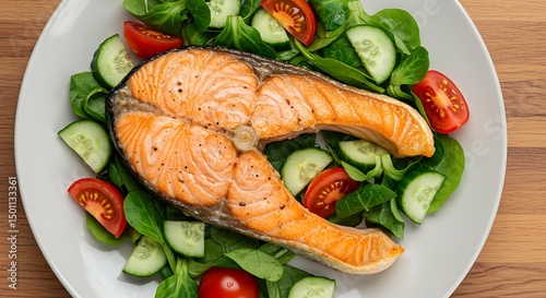 Grilled salmon steak and vegetable salad photo