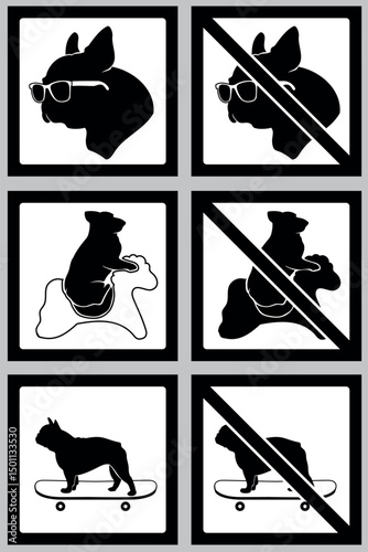 A set of vector stickers with dogs. Made in the form of official signs, the stickers prohibit dogs from skateboarding, riding carousels, and wearing sunglasses.