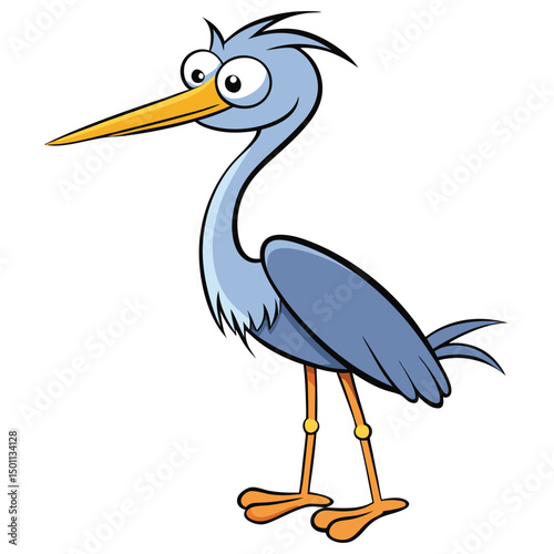 Whimsical cartoon heron with a long beak stands cheerfully on a plain background