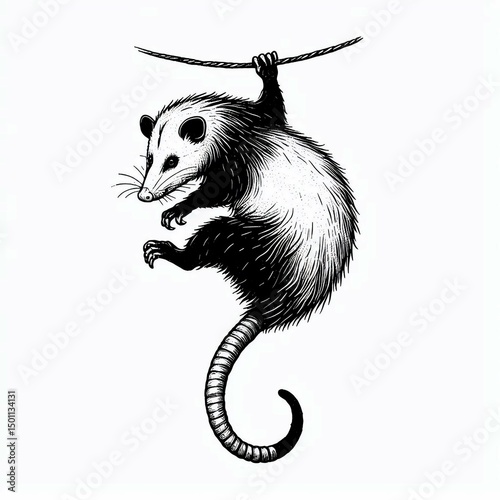 Hanging Opossum Black and White Illustration suitable for editorial use