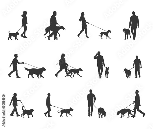 Walk with dog silhouettes, People walking with dog silhouettes