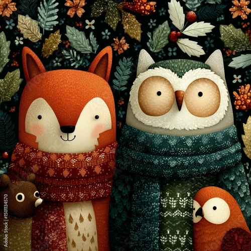 Cozy winter animals wrapped in textured scarves create a charming wallpaper scene filled with warmth, whimsy, and woodland character.







