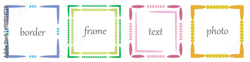 Frame, doodle dot edge border Set. Hand drawn paint brush line stroke, blue pink green multicolour background. Square geometric outline shape. Text copy space. Fun cute modern vector illustration