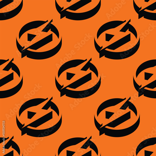 Isometric seamless vector pattern of lightning bolt signs with dynamic shadows and circular shapes on a vivid orange background. Energetic, modern design with bold negative space contrast.