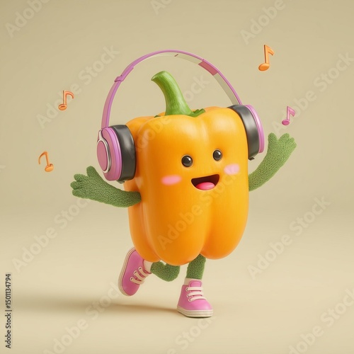 Playful 3d cartoon character of a happy bell pepper dancing with headphones, perfect for fun, cheerful concepts and creative food themes.








