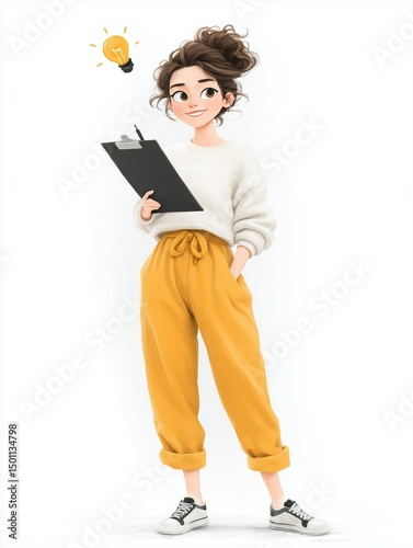 Cartoon businesswoman holding a clipboard with a confident smile, perfect for concepts of planning, strategy, and professional creativity.







