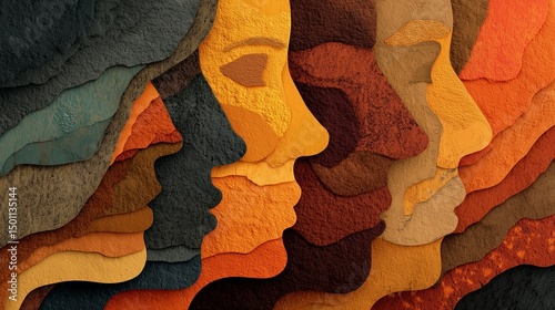 Abstract wallpaper showing layered facial silhouettes in textured tones, symbolizing diversity, unity, and rich visual texture.







