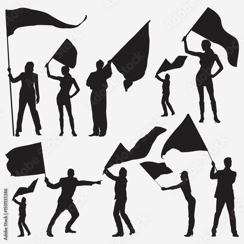 Silhouette of Silken Sentinels: Enigmatic figures stand resolute, wielding silken flags against an unknown canvas, representing an assortment of concepts.