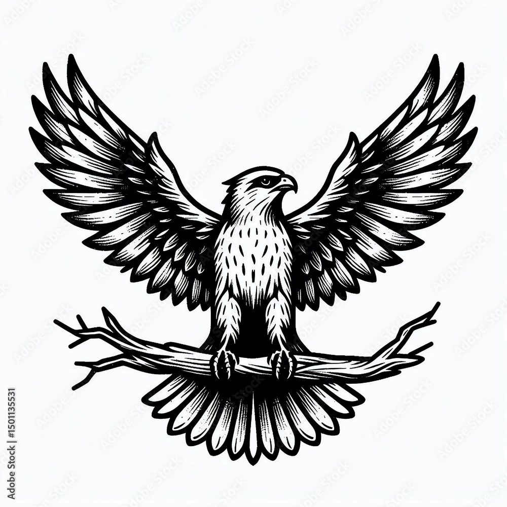 Fototapeta premium Eagle Illustration on Branch Wings Spread suitable for digital content