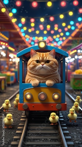 Adorable Cat Riding a Miniature Train through a Colorful Carnival