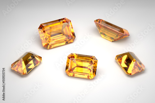 Scattering of topazes of different sizes on a white background. Exhibition of precious stones. Cut in emerald style. 3d rendering.