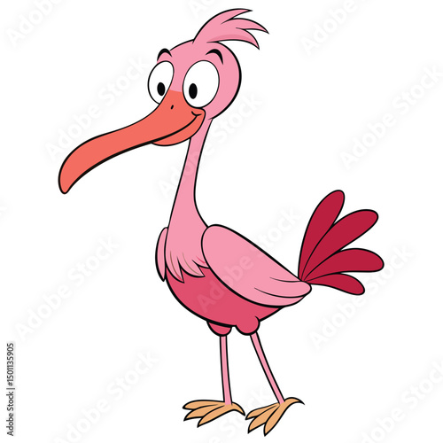 Cute pink cartoon bird cheerfully standing with a smile on a plain backdrop
