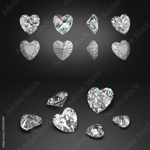 Demonstration of a heart cut diamond from different angles. Scheme of cutting. Scattering of gemstones. Black background. 3d rendering.