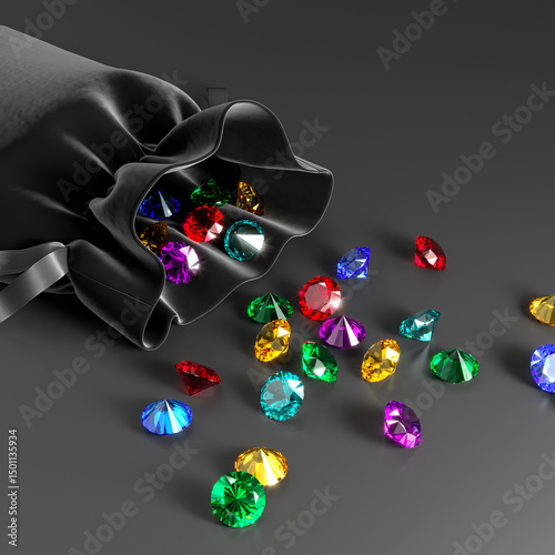 Velvet black bag with a scattering of multi-colored stones on a dark background. Exhibition of precious stones. Jewelry industry. View from above. 3d rendering.