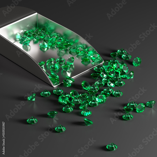Metal scoop with emeralds on the table. Black background. Selection and sorting of stones. Jewelry industry. 3d rendering.