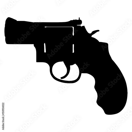 Silhouette of Firearm: A stark, high-contrast silhouette of a classic revolver pistol, standing out in bold black against a plain backdrop. This image encapsulates the essence of a firearm.