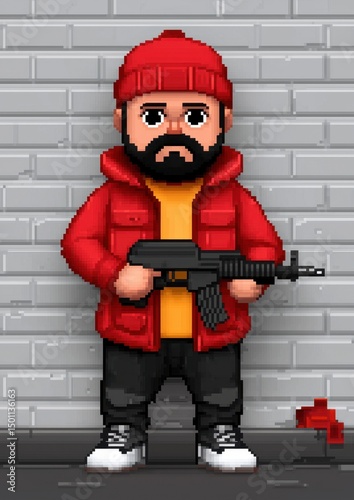 Pixel Art of Bearded Man with Gun in Red Hat and Jacket Against Brick