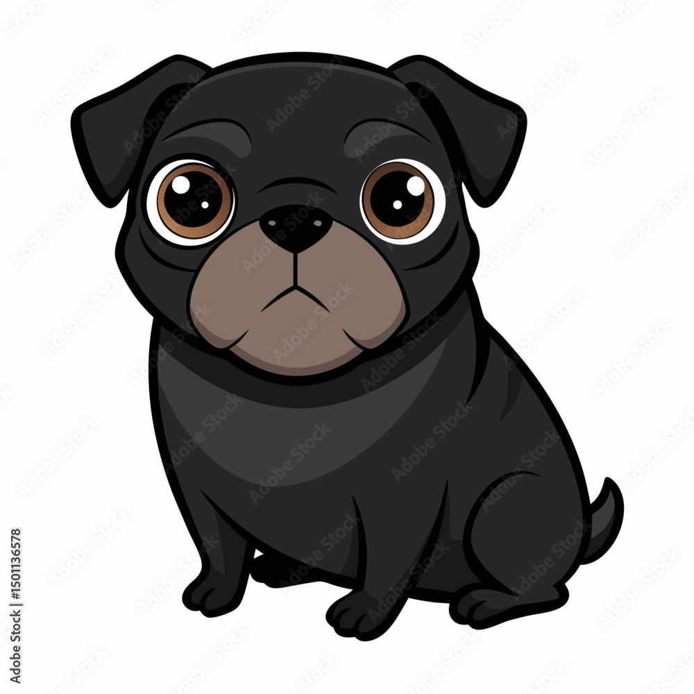Fototapeta premium Simple and elegant vector illustration of a black pug sitting upright — capturing the breed’s unique features in a clean, minimalistic and friendly way