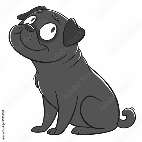 Black pug vector with expressive eyes and playful charm — created in a simple yet engaging children's book illustration style for commercial applications