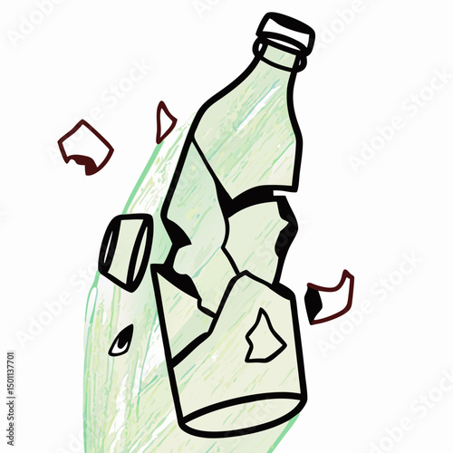 Broken Glass Bottle Illustration, Shattered Bottle Drawing, Recycling Concept