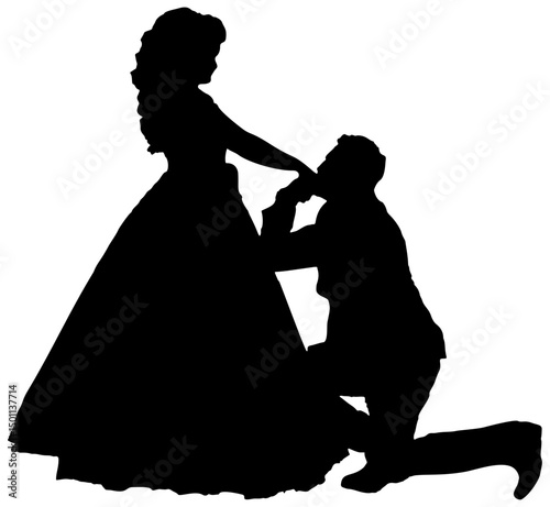 Silhouette of a Romantic Gesture: A timeless scene of romance unfolds as a figure, on bended knee, expresses devotion with a kiss to the hand of their beloved.