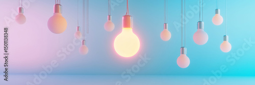 Glowing light bulbs against pastel blue and pink gradient background