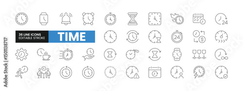 Set of 36 Time-related line icons set. Time outline icons with editable stroke collection. Includes Clock, Timeline, Deadline, Stopwatch, Alarm, and More.