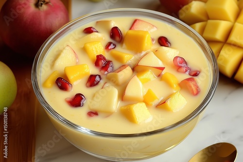 Indian Dessert Fruit Custard with Mixed Fresh Fruits in Vanilla Cream on Marble Countertop