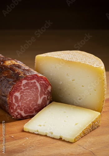 Photo of Cheese And Salami on Wooden Board with Rustic Texture