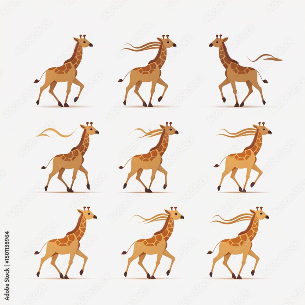 Fototapeta premium various illustrations of giraffes, including cartoon and realistic versions, on a white background.