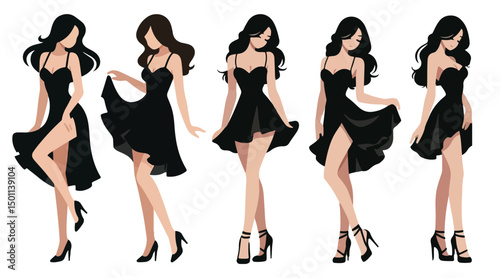 Vector set of a beautiful woman wearing a black dress