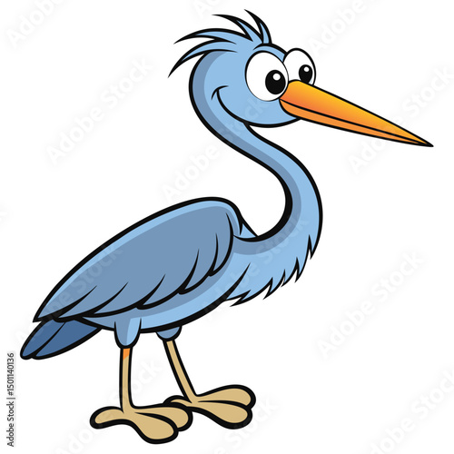Whimsical blue heron cartoon character looks forward with a smile and expressive features