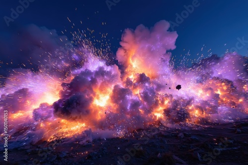Explosion fiery burst in mid-air with debris flying with copy space. Intense lighting.