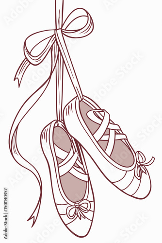 Hand-drawn vector illustration of ballet pointe shoes delicately resting on a flowing pink ribbon — perfect for dance branding, invitations and stationery themes  

