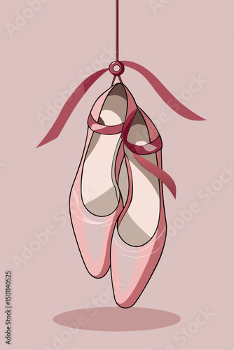 Ballet-themed vector image featuring classic pointe shoes suspended on a pink silk ribbon, enhanced with soft shading and a refined illustrative style  