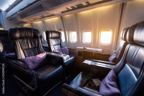 Commercial business plane interior luxury seating first class with elegant design with copy space. Ambient lighting.