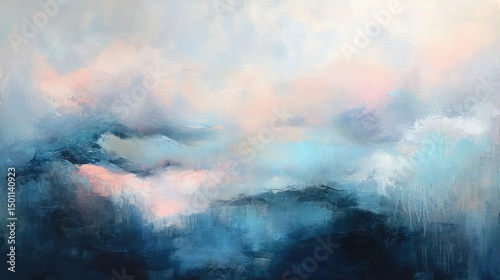 Serene abstract landscape painting in soft blues, pinks, and grays, depicting a dreamy, ethereal atmosphere