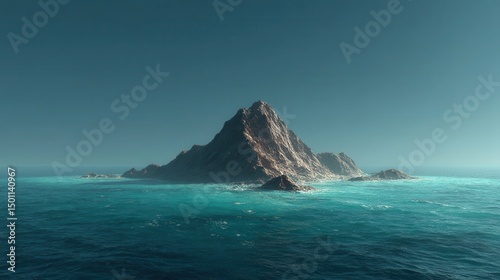 A scenic rocky island rises ly from the vibrant turquoise ocean water.