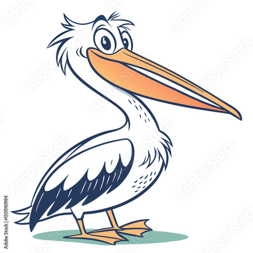 Cartoon pelican stands confidently, with a big, orange beak, looking to the side