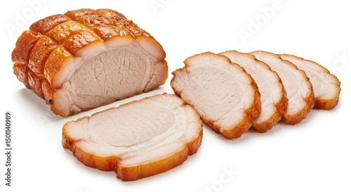 Photo of Delicious Roasted Pork Loin Slices Isolated on White Background