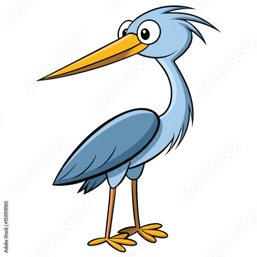 Cartoon heron with blue plumage and bright yellow beak stands alertly on white