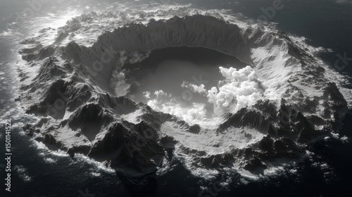 Aerial view shows a dormant volcano crater island surrounded by ocean water.