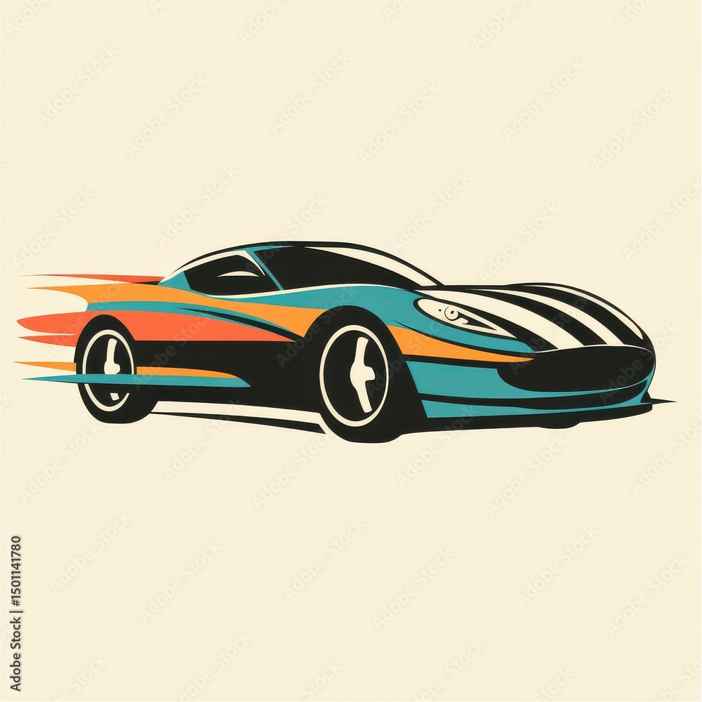 Naklejka premium Retro-style striped sports car with flames on light background.