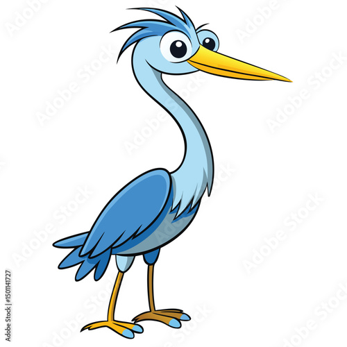 Cartoon heron struts, showcasing its playful blue plumage and long yellow beak gracefully